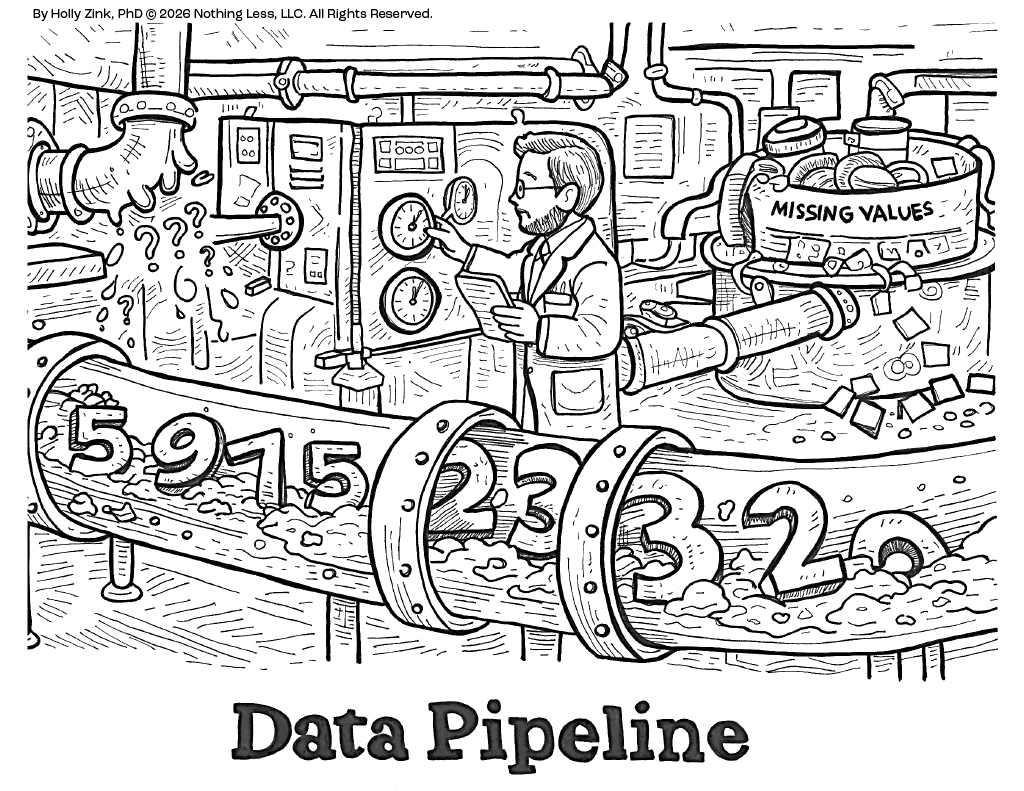 Streams of numbers travel through a network of large industrial pipes monitored by scientists.