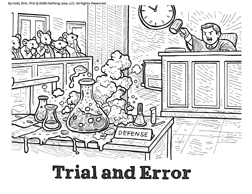 A failed experiment appears in a courtroom where evidence is being presented.