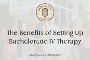 A group of women in swimwear enjoy a bachelorette party, holding gold balloons. The overlay text reads, "The Benefits of Setting Up Bachelorette IV Therapy." Holy City Healthcare Consultants provides mobile IV therapy for events.| Holy City Healthcare Consultants Charleston, SC