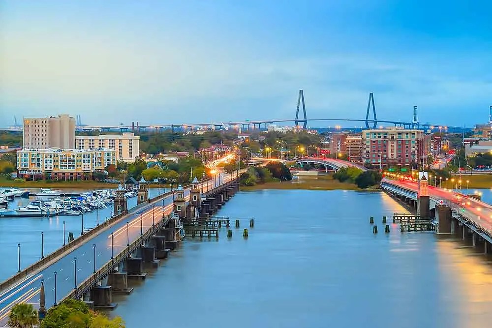 The Ashley River bridges linking West Ashley to downtown Charleston, South Carolina