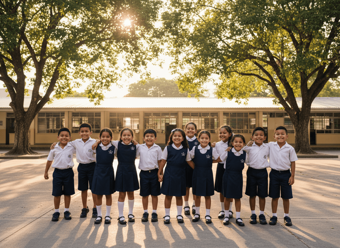 Warm bright photograph of happy Latin American primary school children in navy blue uniforms smiling together in a sunny school courtyard with trees, candid, natural light, institutional photography