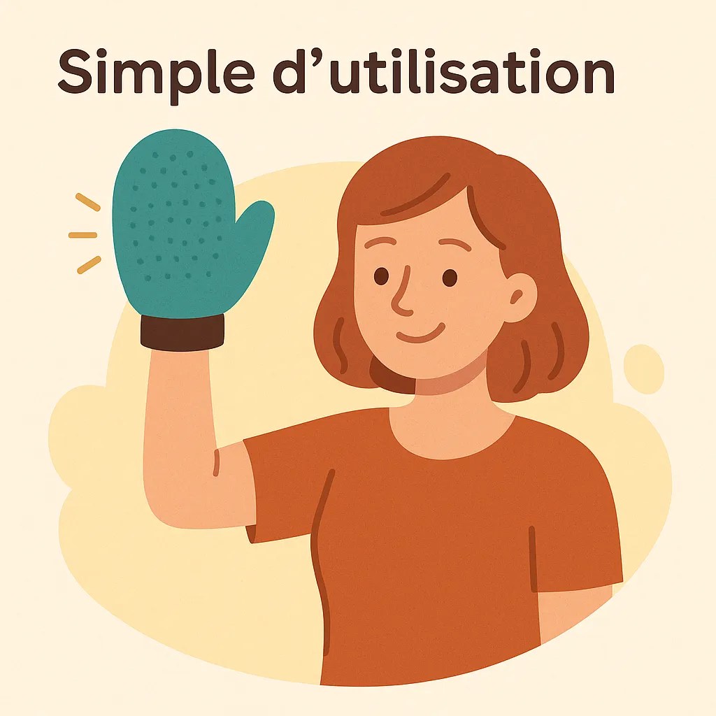 Illustration vectorielle d’une femme souriante montrant un gant de brossage vert, facile à enfiler et utiliser.