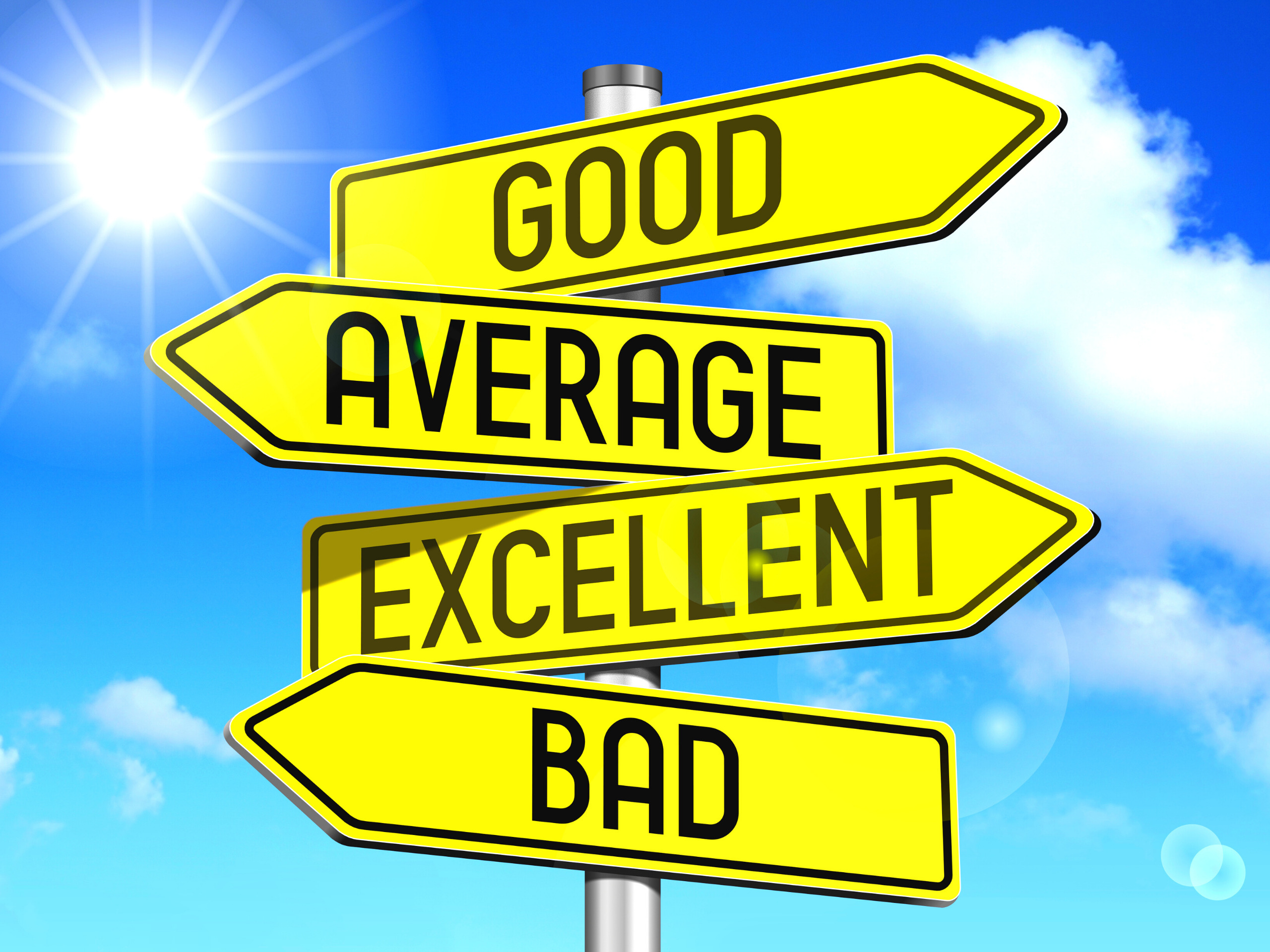 A picture of a sign with arrows showing text which grades things good, average, excellent and bad.