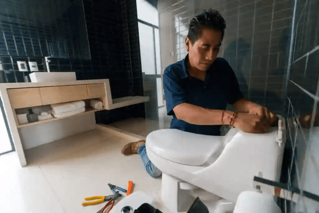 Plumber repairing a leaking pipe