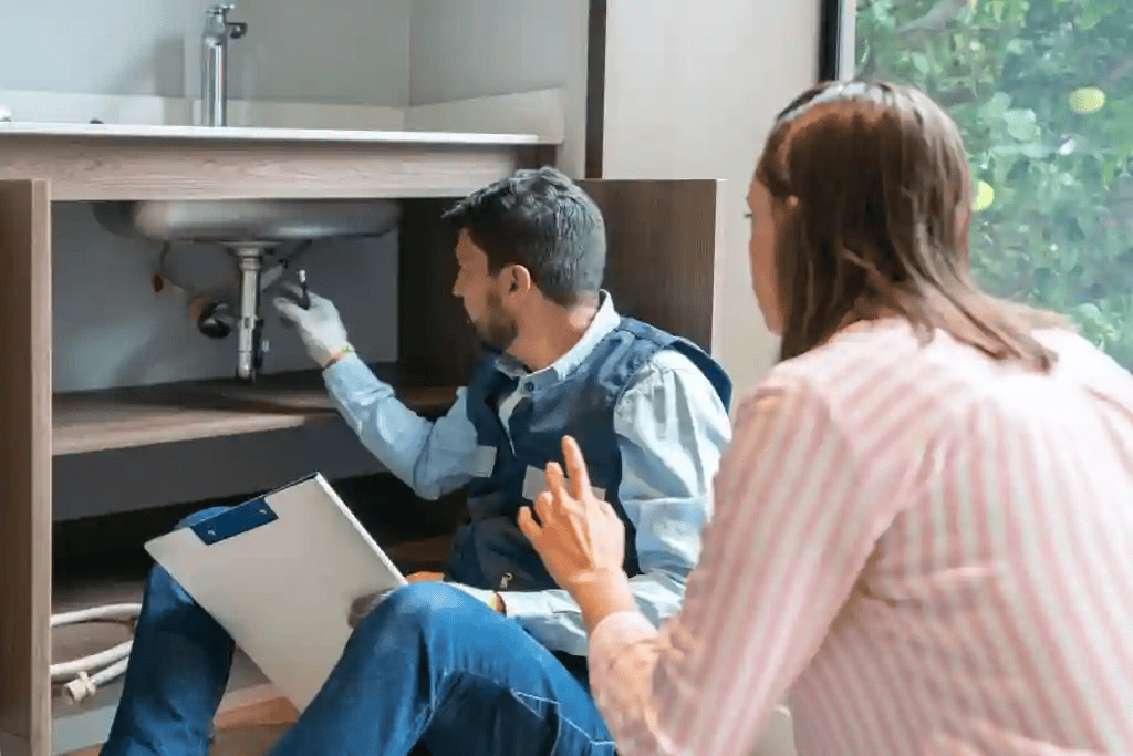 Plumber diagnosing a plumbing problem in a home