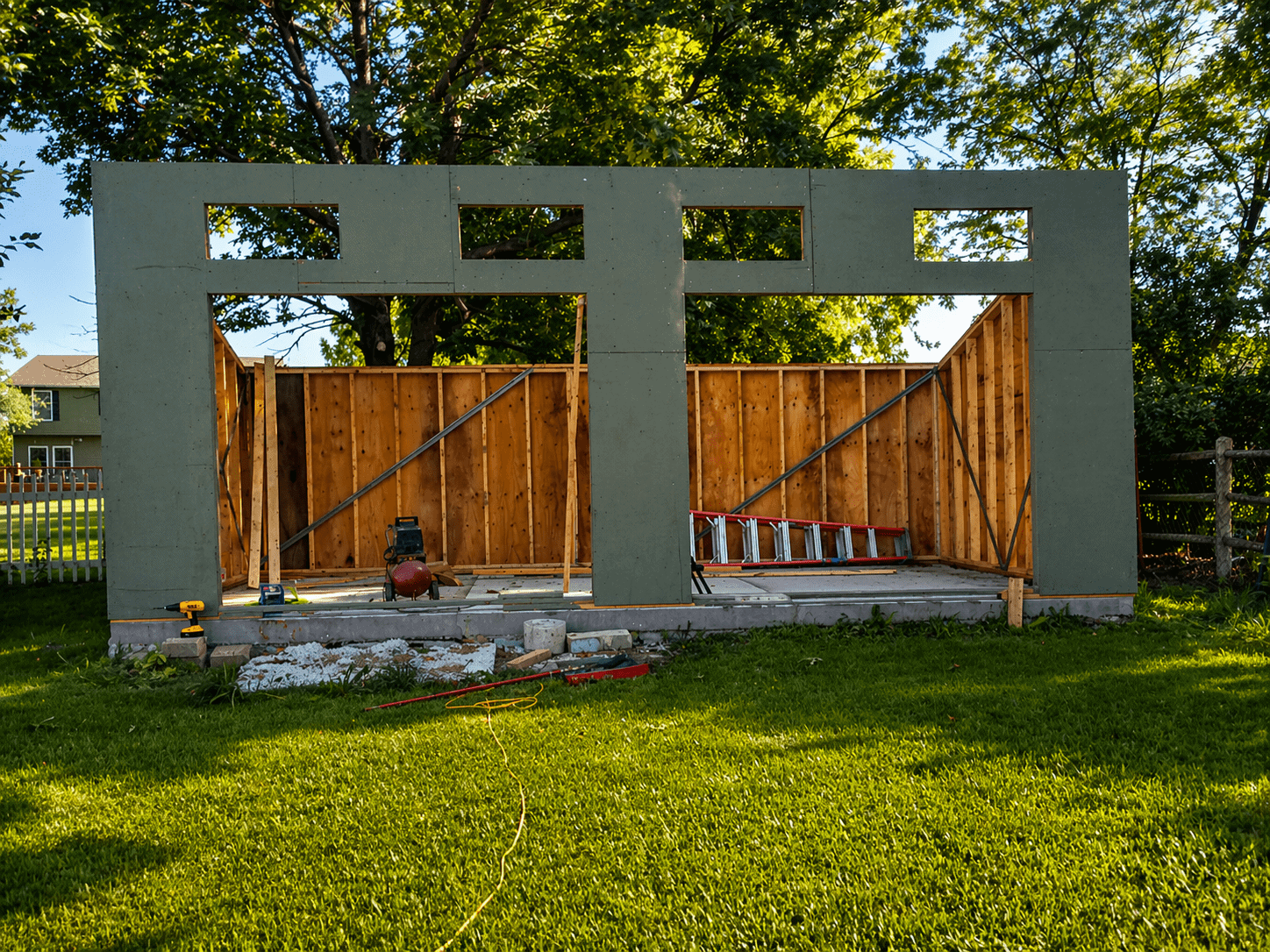 Front wall of shed standing up on the concrete pad with garage door openings and transom windows