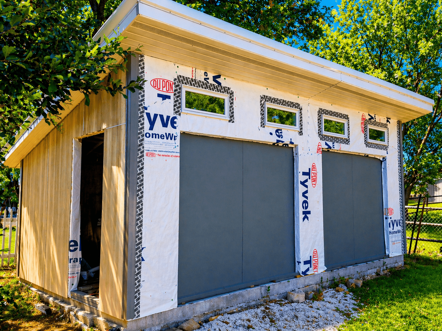 Shed wrapped in DuPont Tyvek housewrap with first Hardie panels installed