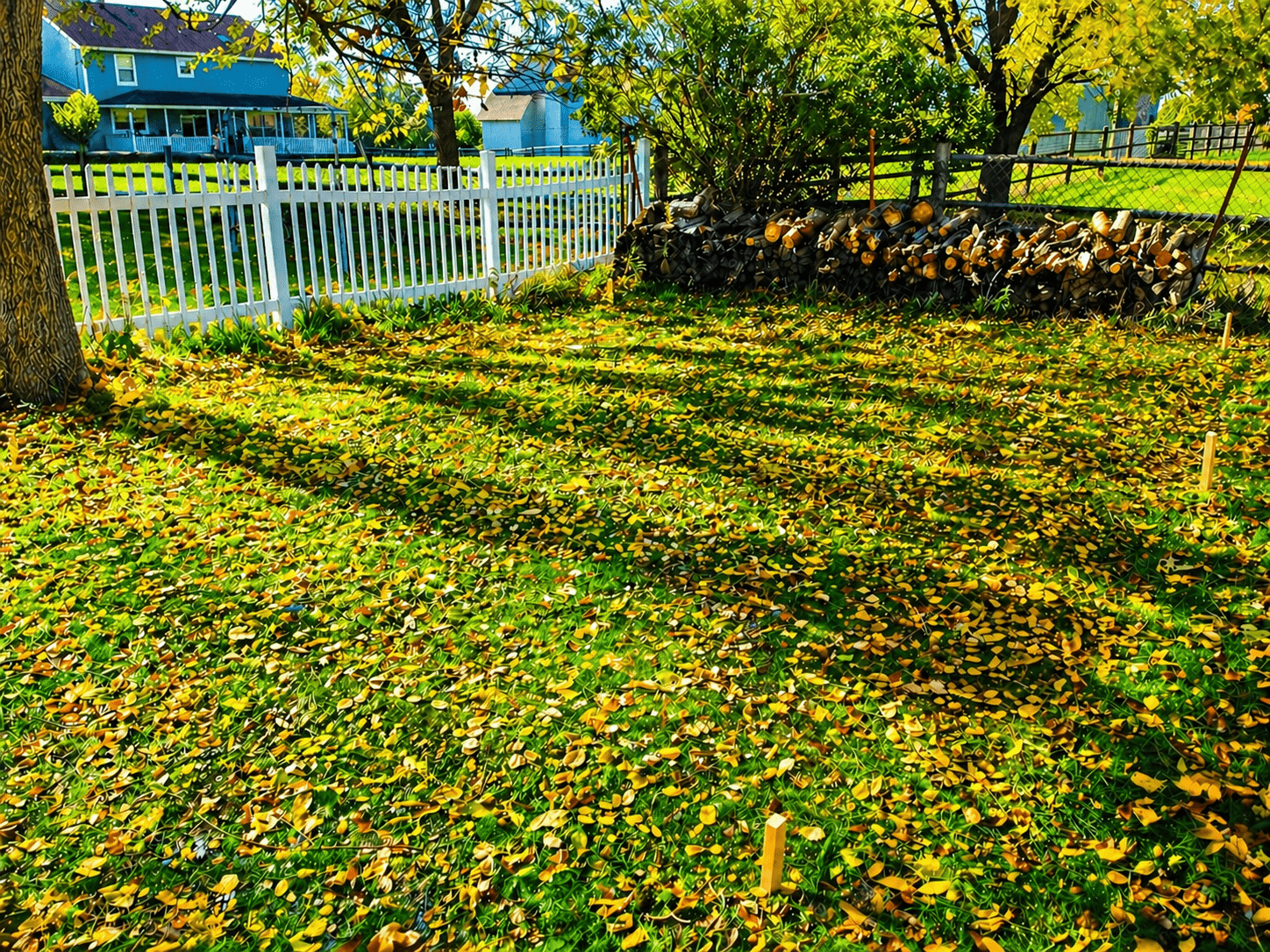 Backyard property at sunset showing finished shed in the distance