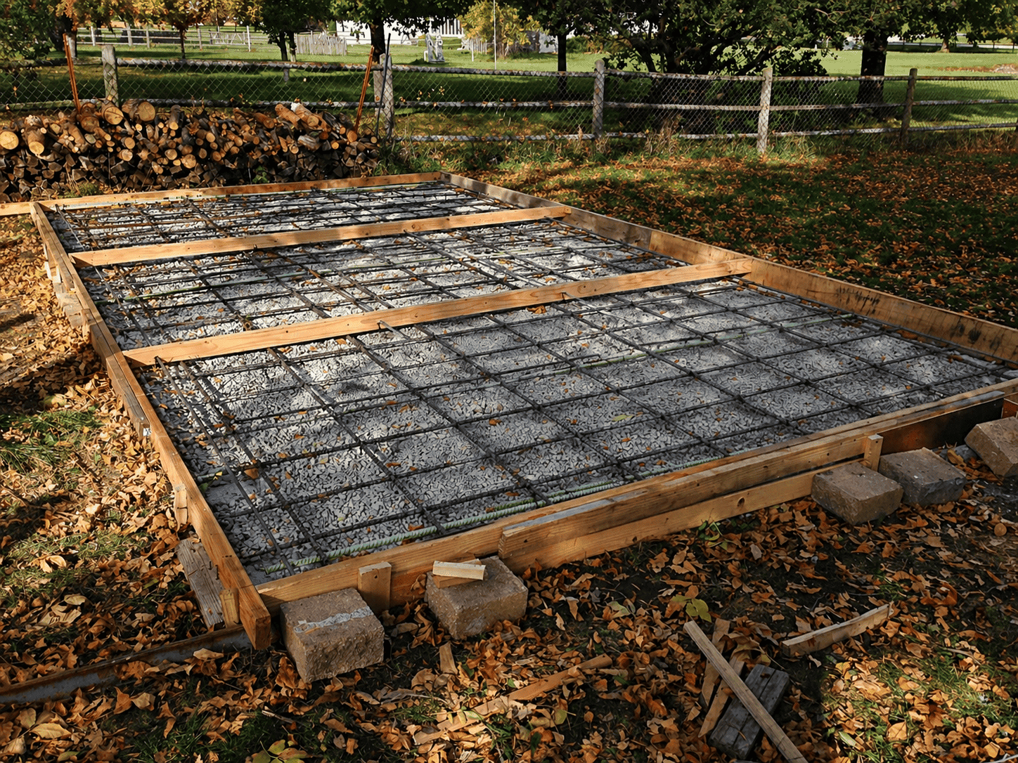 Concrete pad forms with gravel base and rebar grid before pour