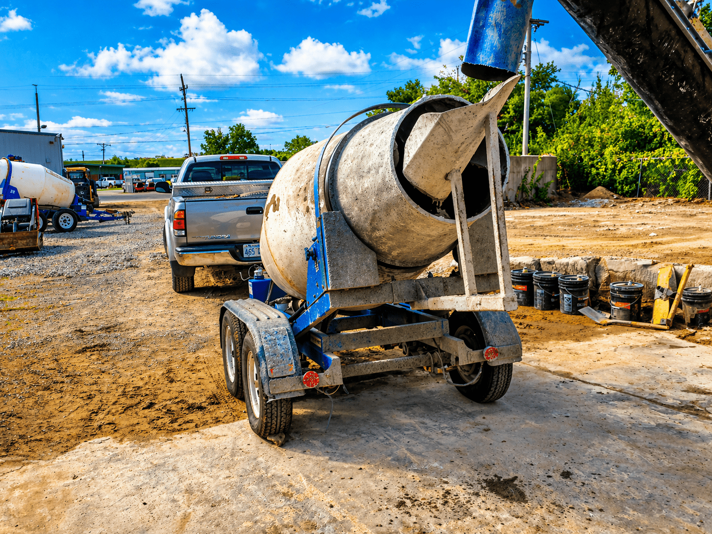 Tow-behind concrete mixing trailer at the ready-mix supply yard
