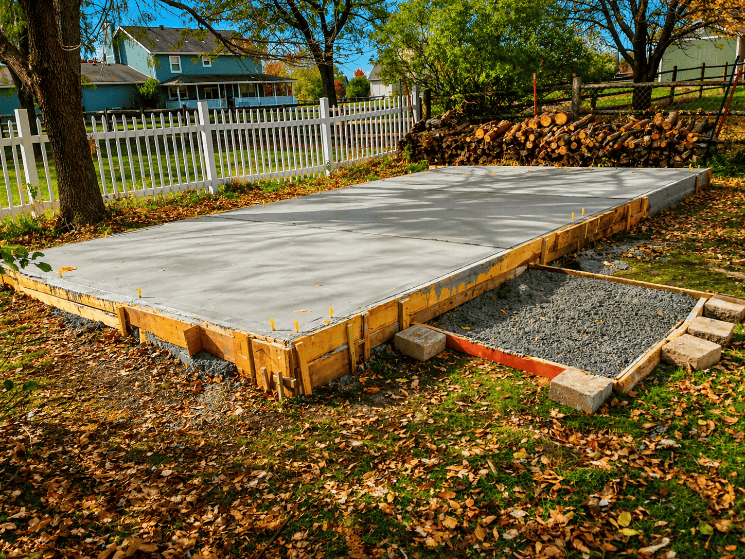 Finished concrete pad with anchor bolts set, forms still in place