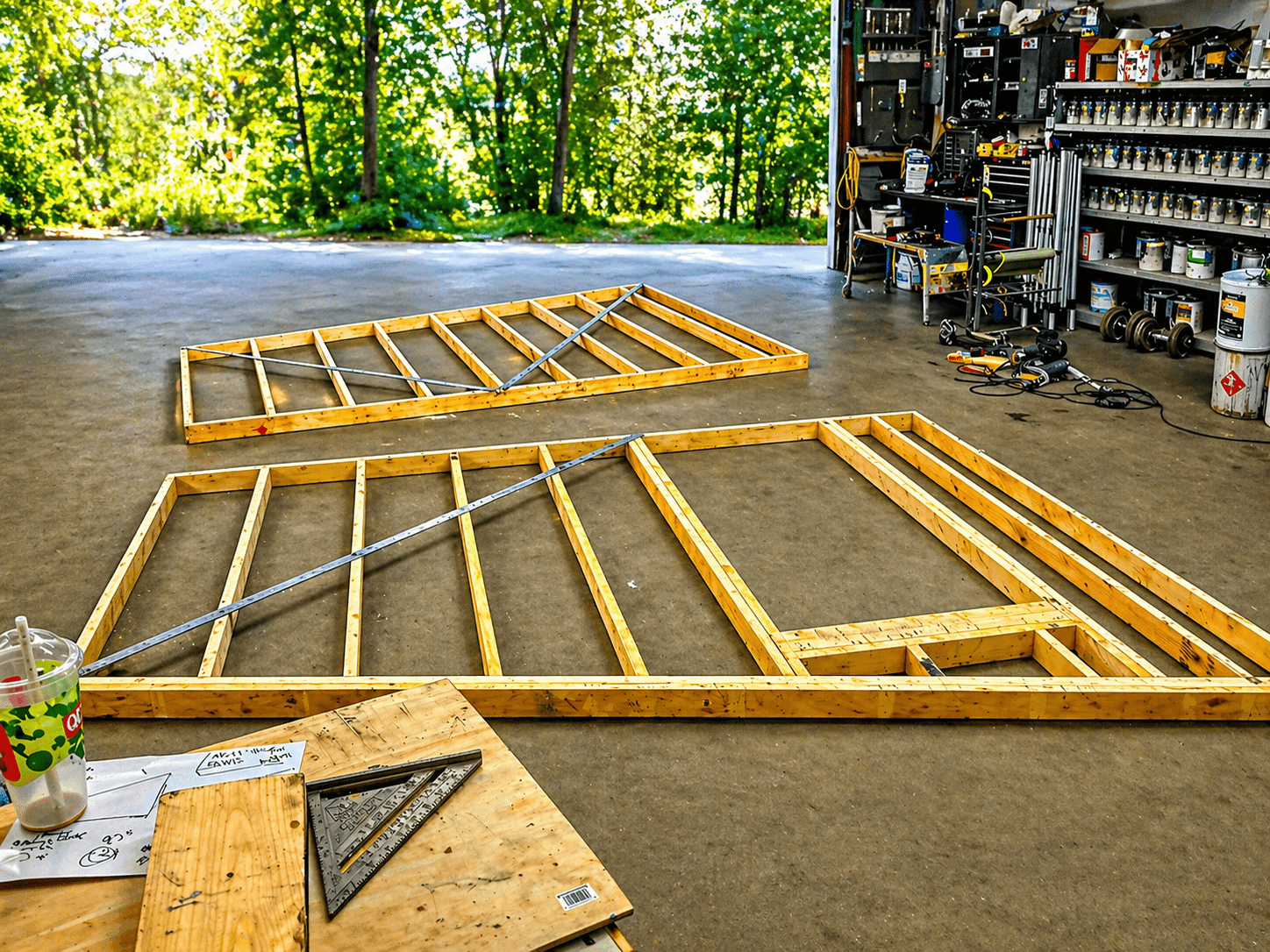 Shed wall frames built from 2x4 lumber laid flat on workshop floor