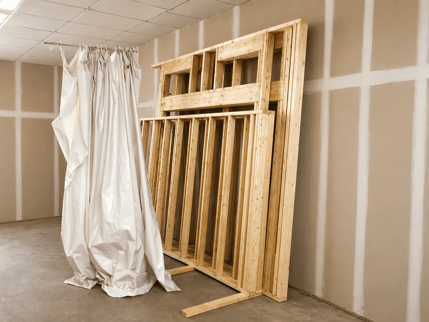 Tall front wall section with garage door headers stored upright in the shop