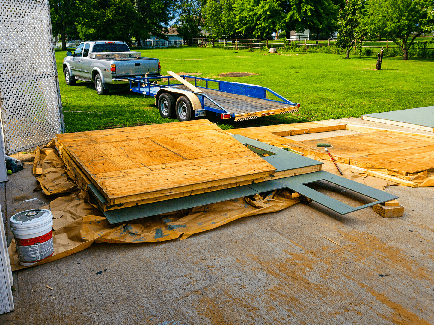 Walls sheathed with plywood and primed green, stacked on driveway with flatbed trailer