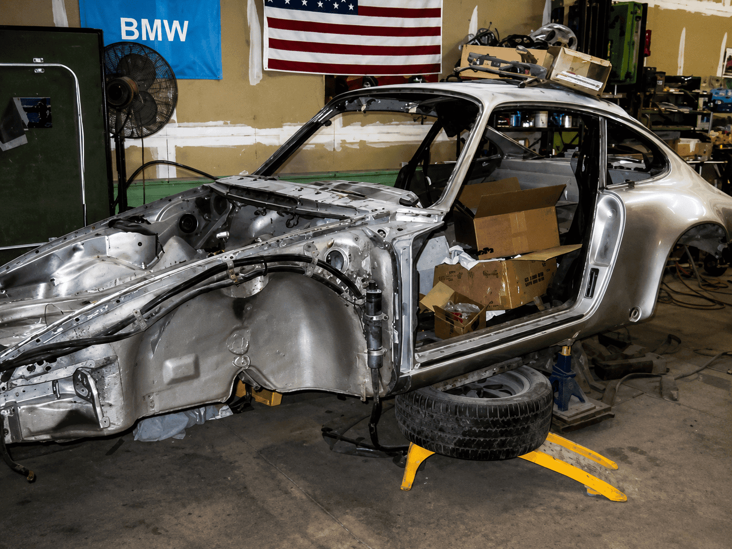 1982 Porsche 911 SC shell during 993 widebody conversion build