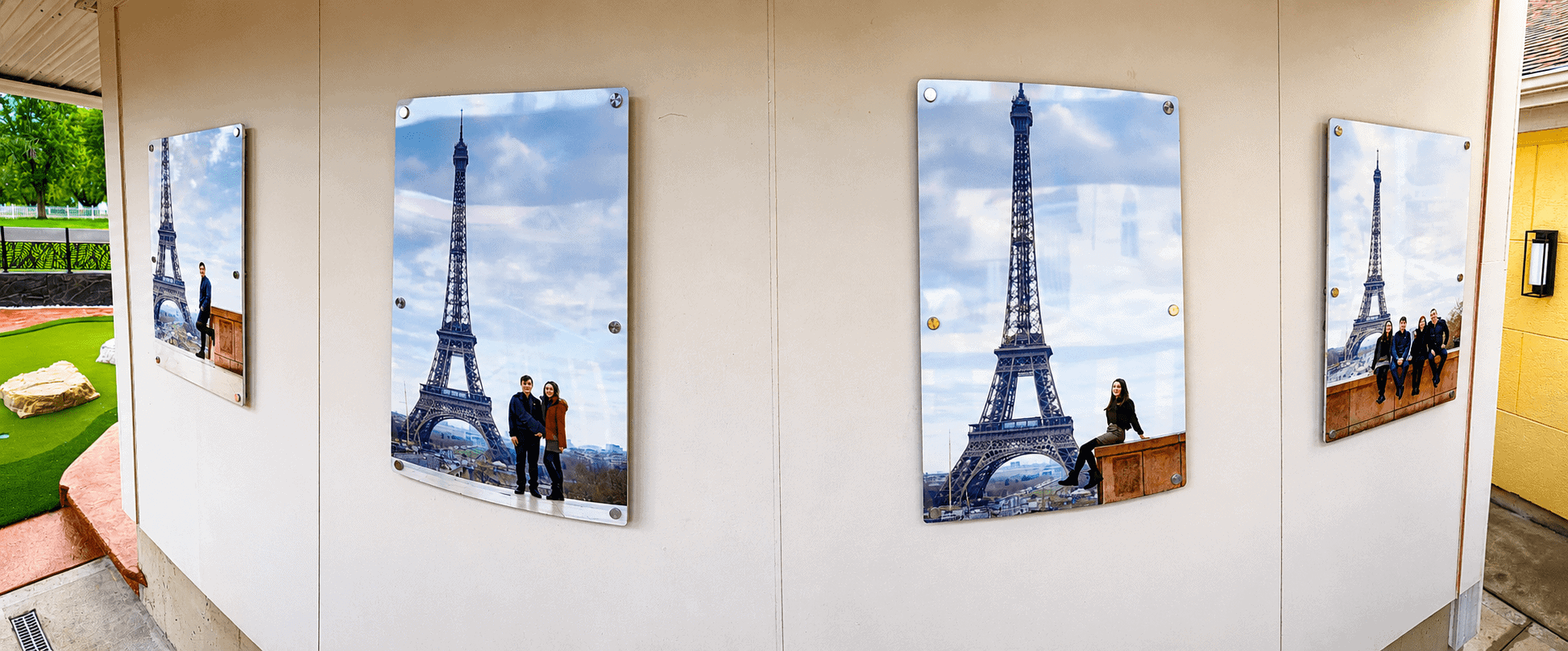DIY floating patio gallery wall built with weather-resistant aluminum prints and modern standoff hardware