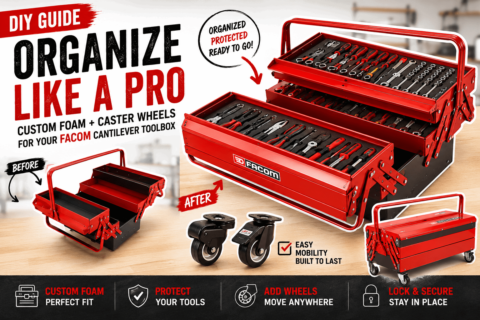Heavy-duty caster wheels installed on Facom Cantilever toolbox for easy garage and shop mobility