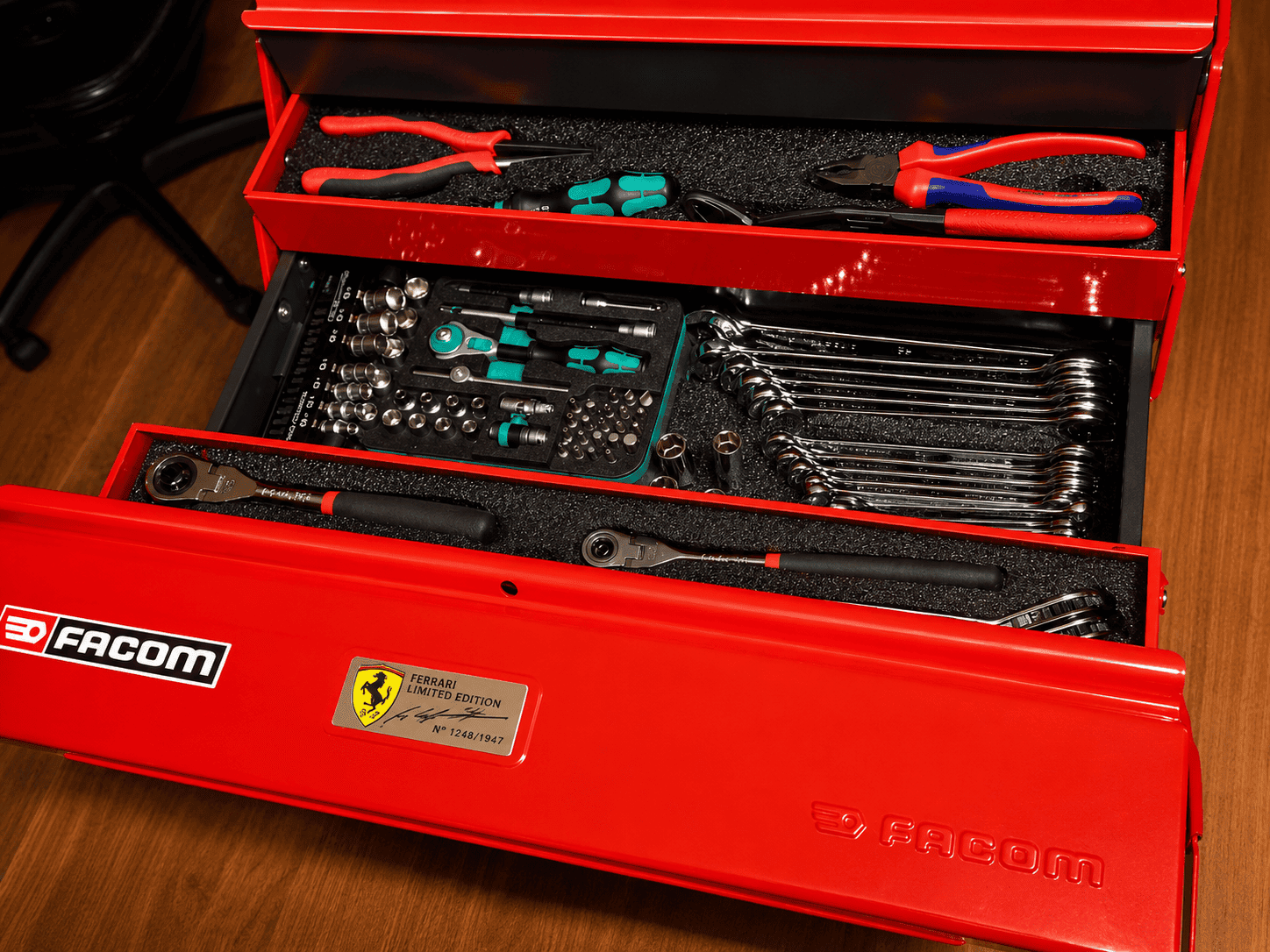 Facom Cantilever toolbox 3-tier open view with foam inserts holding wrenches sockets ratchets