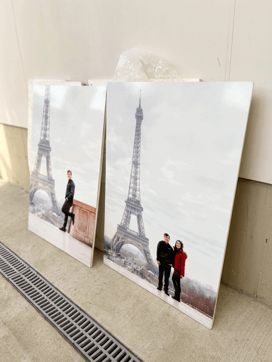 Four aluminum prints staged before installation