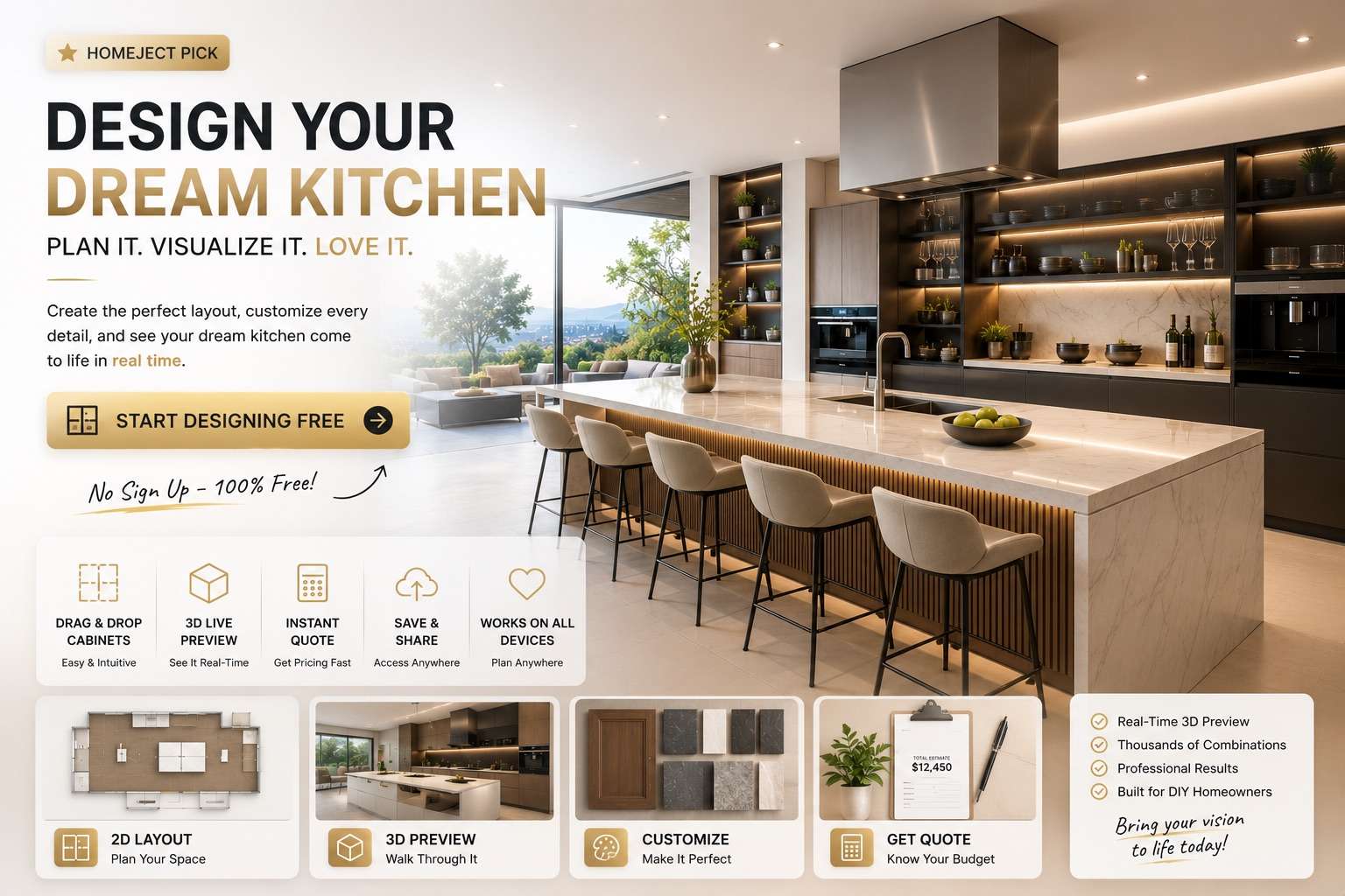 Design your dream kitchen with the free HOMEJECT 3D kitchen planner: drag-and-drop cabinets, real-time 3D preview, instant remodel cost quote, save and share, works on all devices