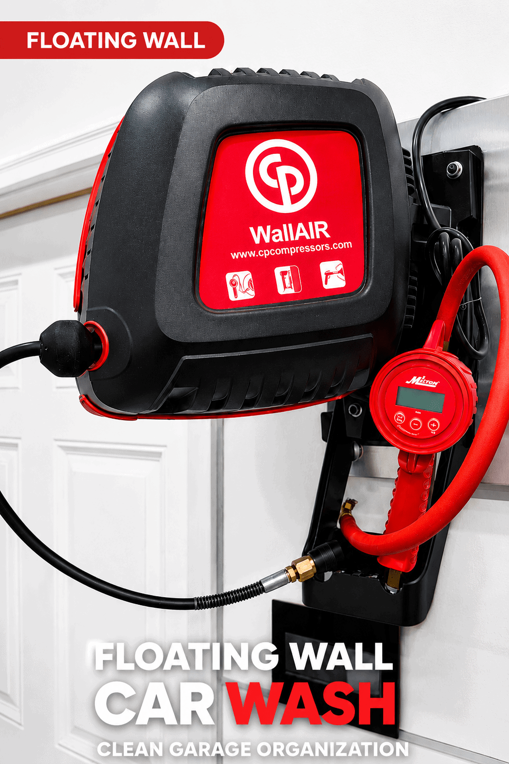 A mounted car wash hose reel with a red and black design, labeled 'WallAIR', attached to a wall. It features a pressure gauge, hose, and accessories for garage organization.