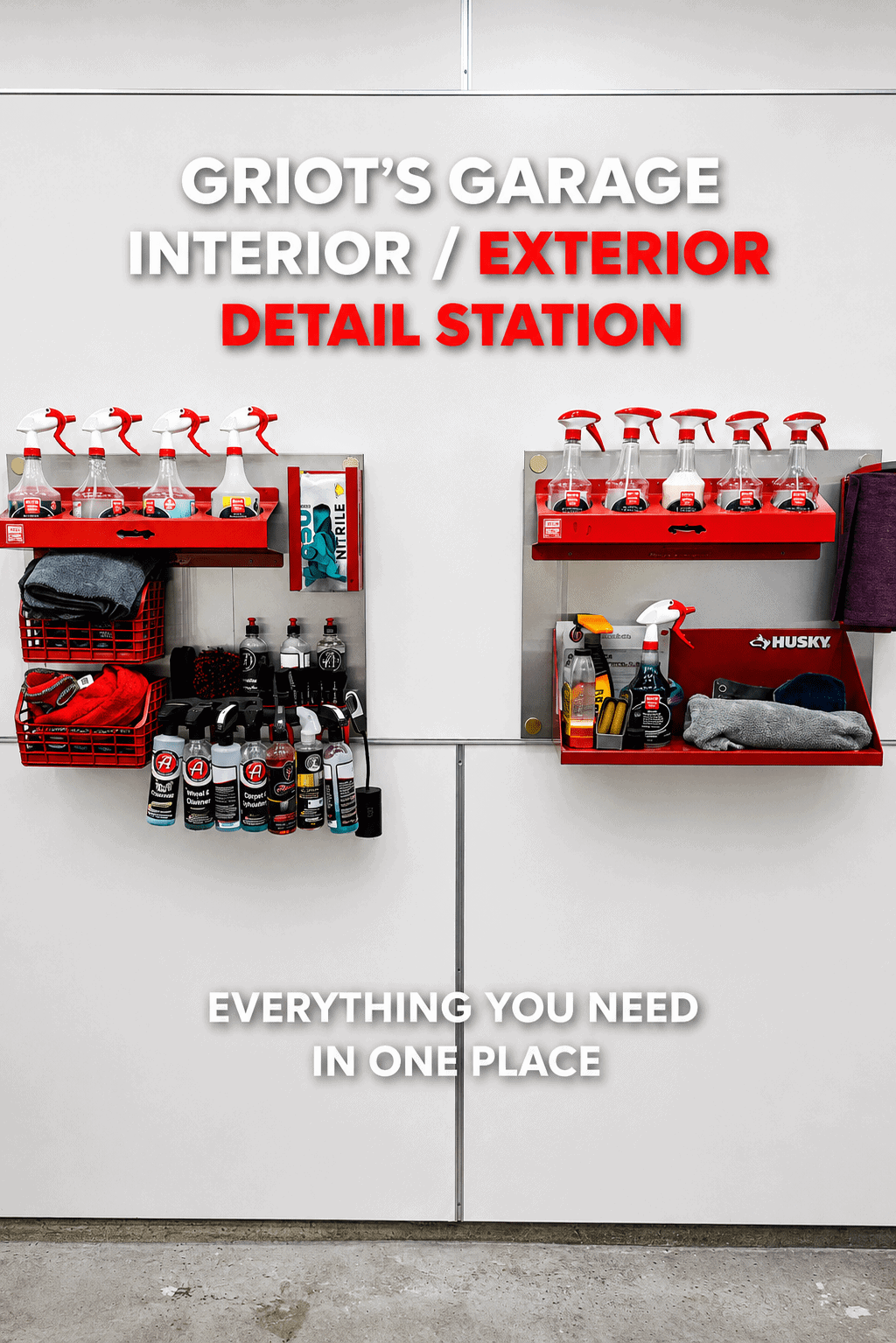Detail station at Griot's Garage featuring various cleaning products and towels, organized on red shelving against a white wall.