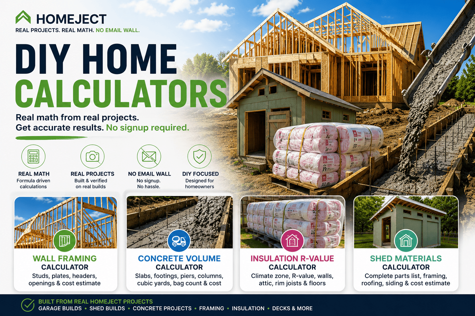 DIY Home Calculators — free construction calculators for framing, concrete, insulation and sheds