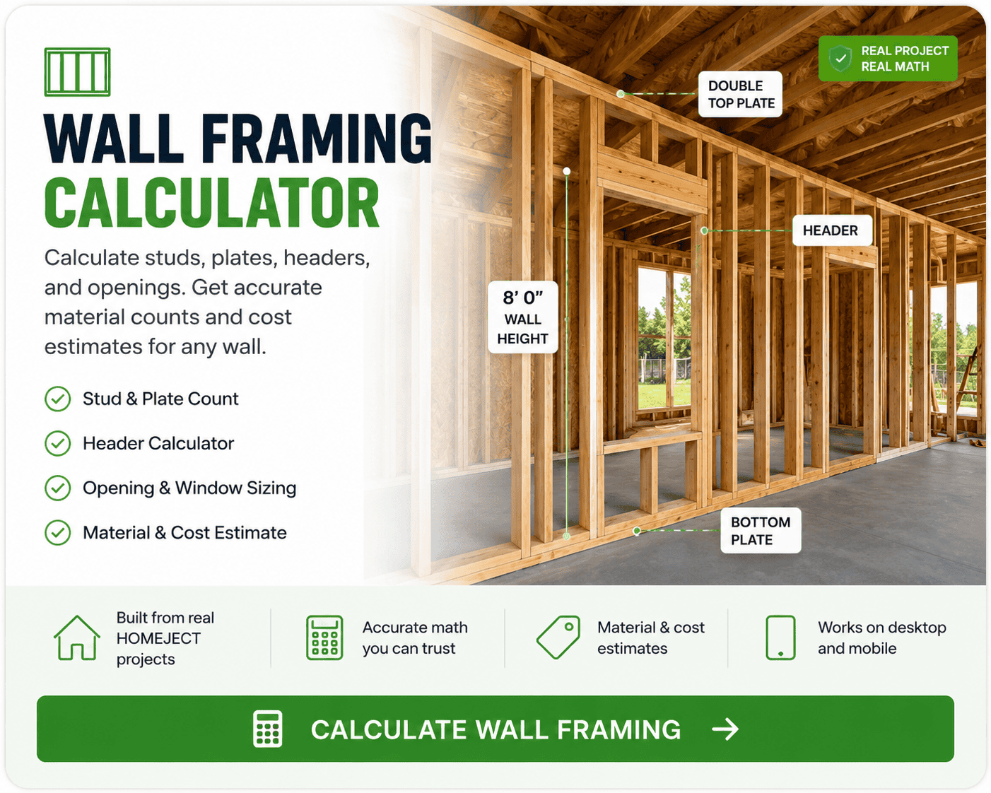 Wall framing calculator showing stud count, header calculator, and material costs for framing projects