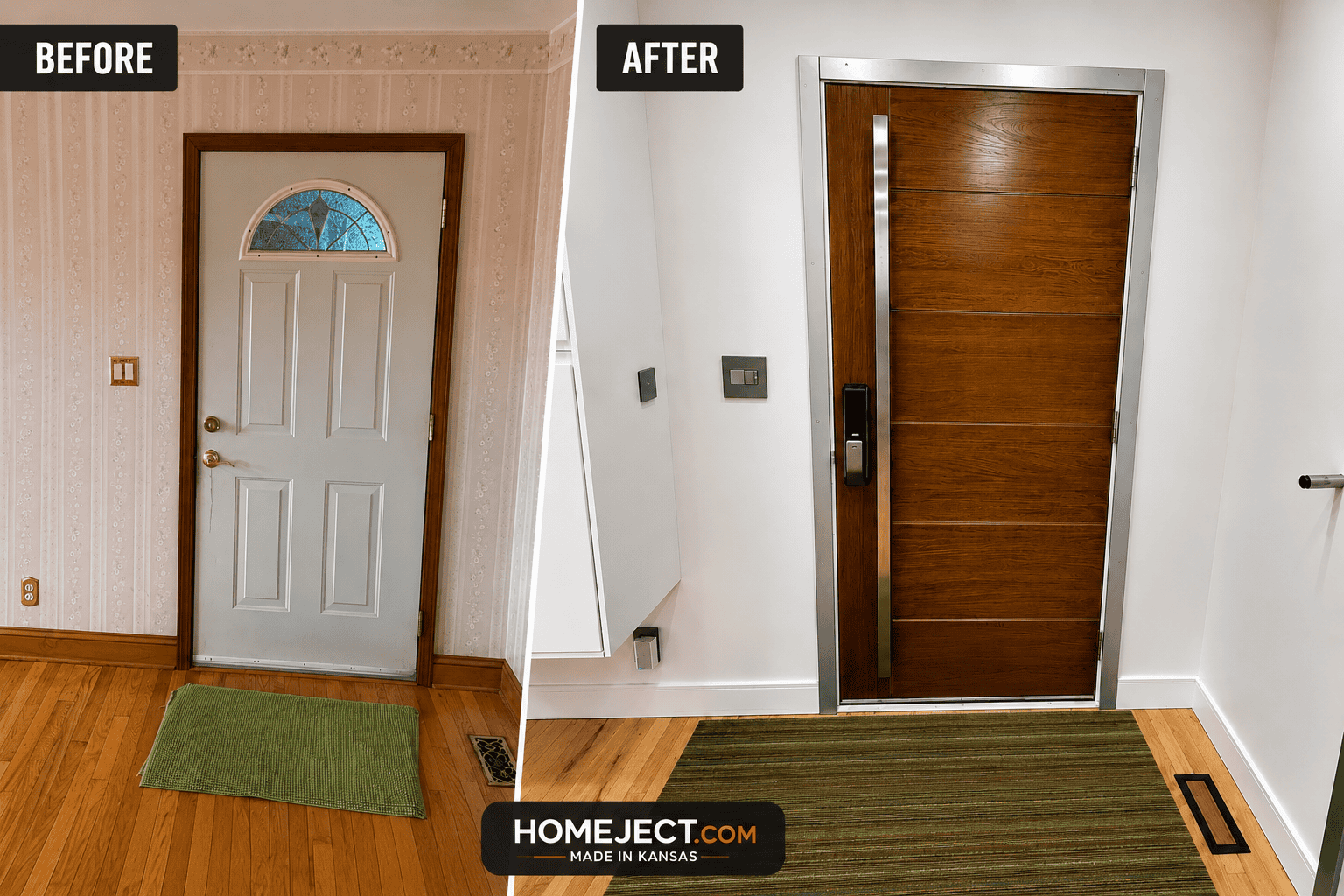 New modern fiberglass door replacing old door in entryway.