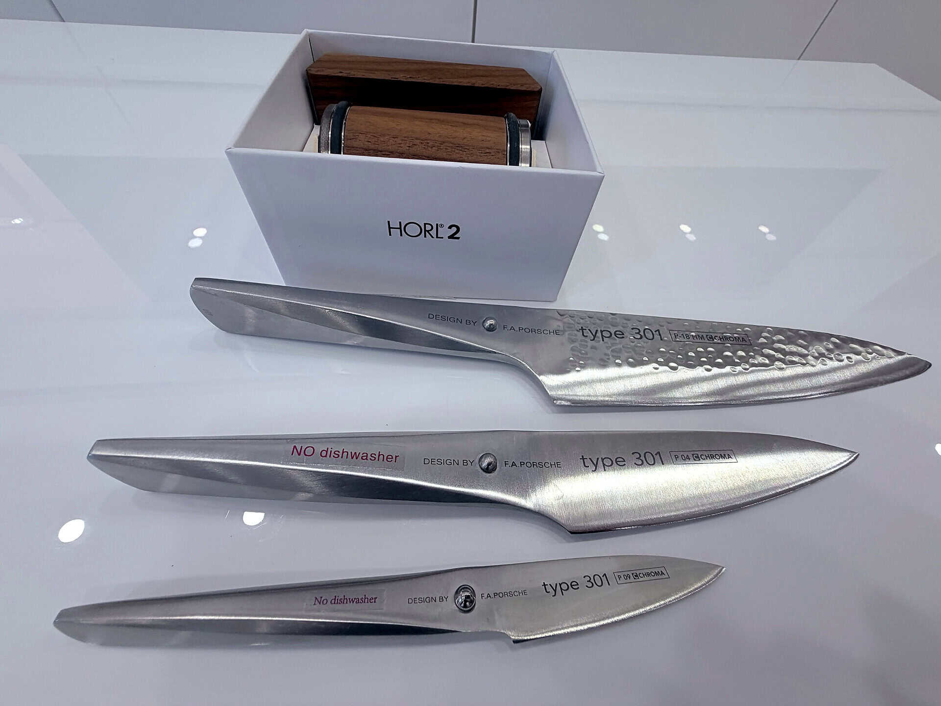 Chroma Type 301 knives loaded in a dishwasher basket