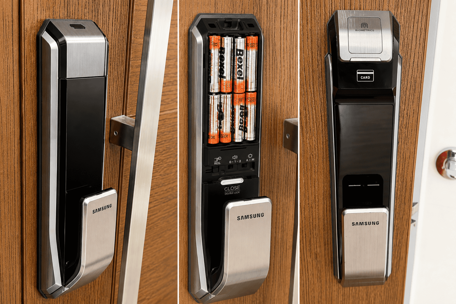 Samsung electronic door lock with keypad and battery compartment.