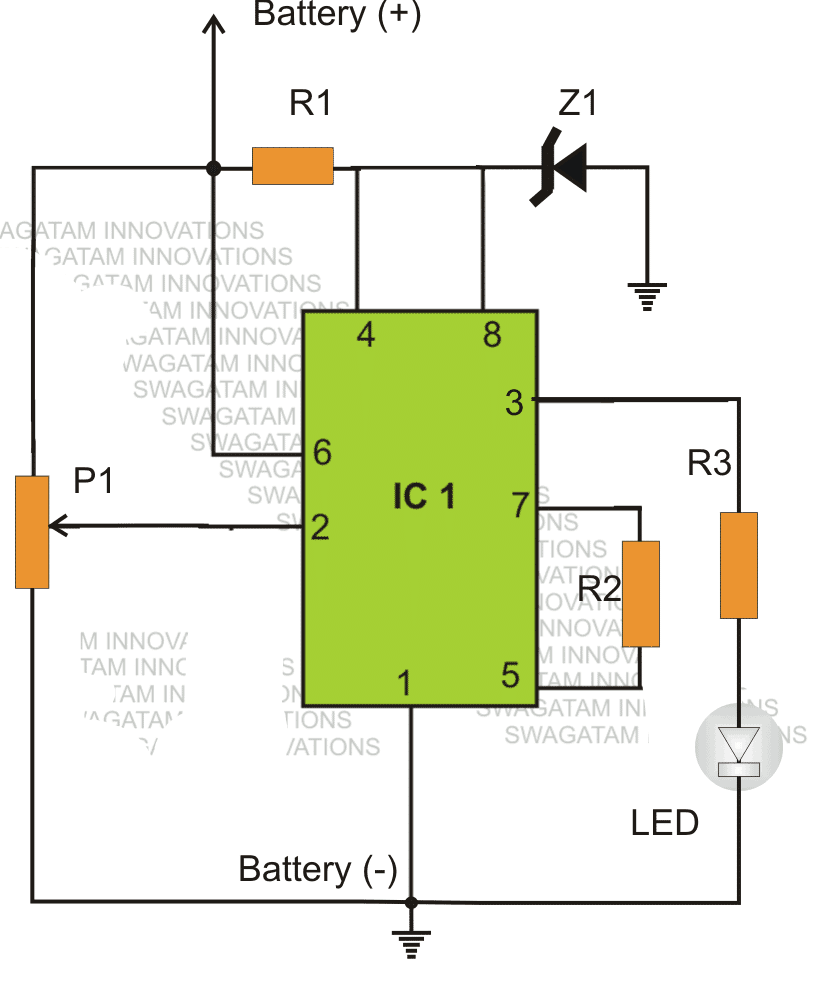 Ic 555 Low Battery Indicator Circuit Homemade Circuit Projects