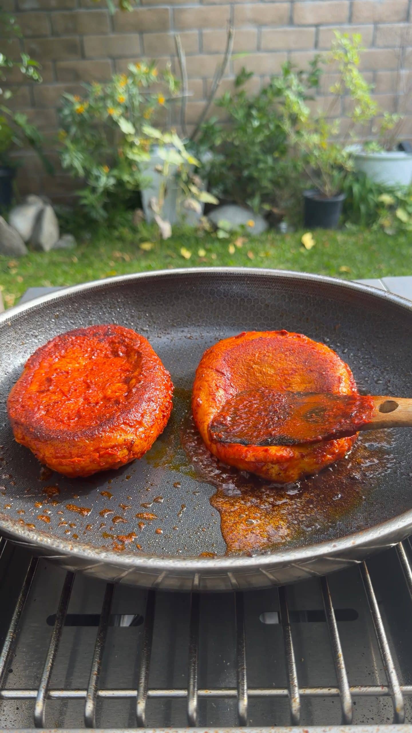 Sauce-coated bread flipped to crisp on the second side