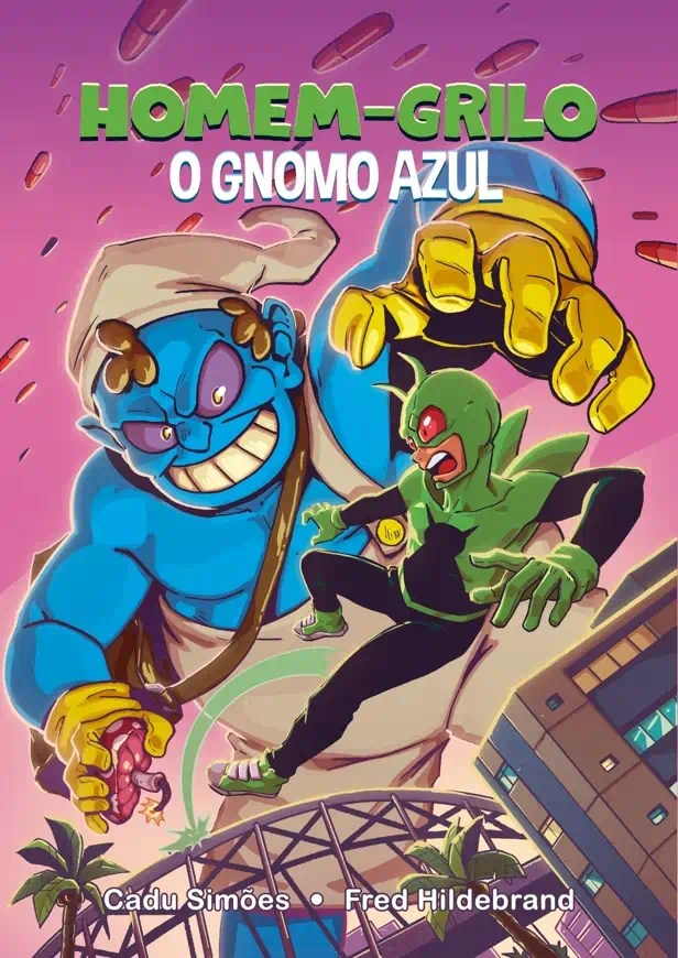 Capa colorida de história em quadrinhos com o título "HOMEM-GRILO" em letras grandes e verdes, seguido pelo subtítulo "O GNOMO AZUL" em letras brancas. A arte mostra em primeiro plano o herói Homem-Grilo, um personagem usando roupa verde e preta, com anteninhas, visor vermelho e com asas nas costas, saltando em manobra de evasão. Atrás dele, O Gnomo Azul, um vilão gigante e musculoso de pele azul, olhos roxos, usando um gorro branco, luvas amarelas e uma bolsa no ombro, sorri de forma ameaçadora enquanto estende a mão esquerda para agarrar o herói. Na outra mão ele segura uma bomba em forma de cogumelo vermelho com pavio aceso. O fundo é rosa e está repleto de cápsulas vermelhas voando. Na parte inferior da cena, há a ponte metálica tradicional de Osasco City, prédios e algumas palmeiras. Os nomes dos autores, Cadu Simões e Fred Hildebrand, estão escritos no rodapé.