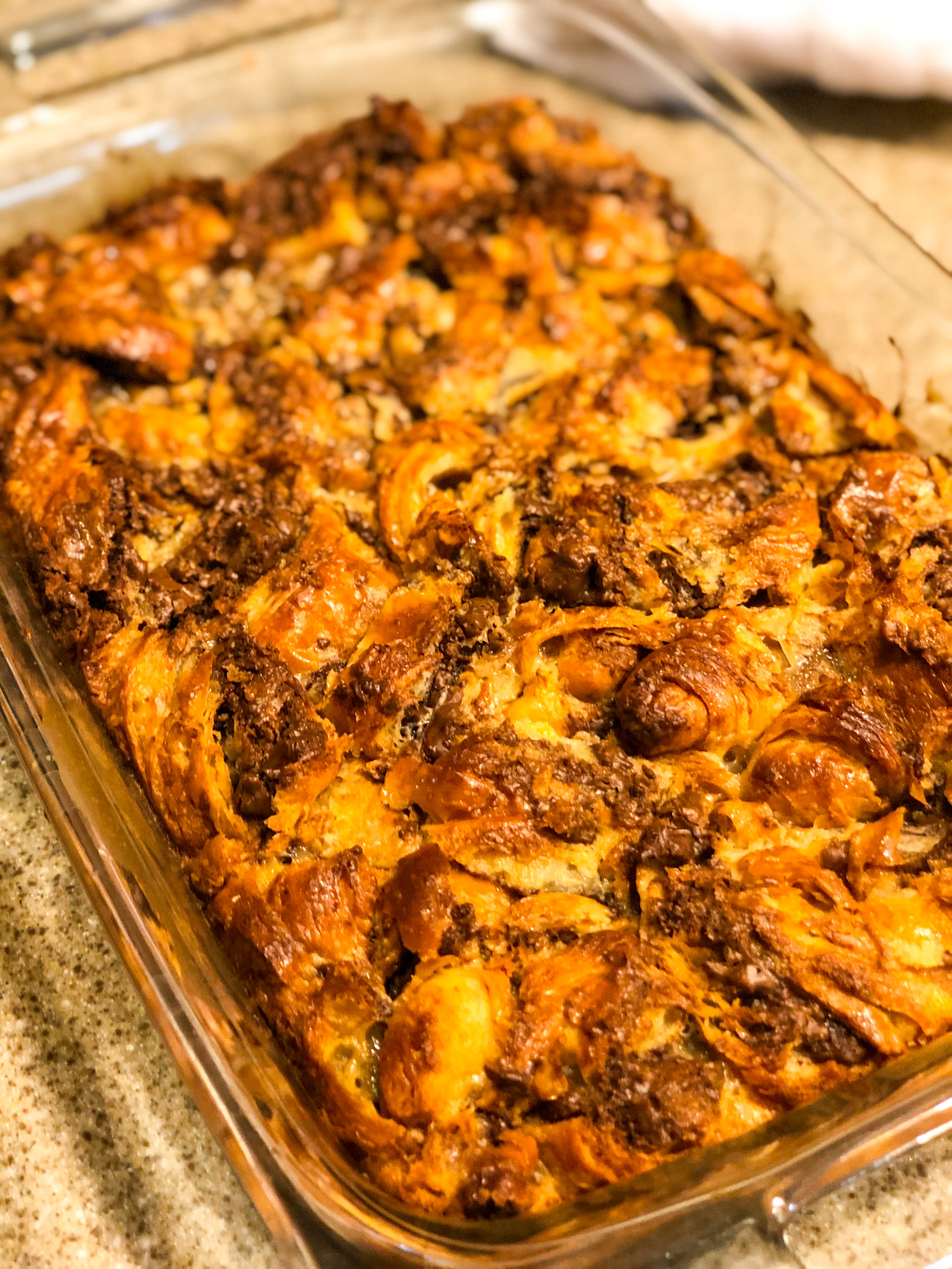 completed chocolate hazelnut bread pudding in casserole dish