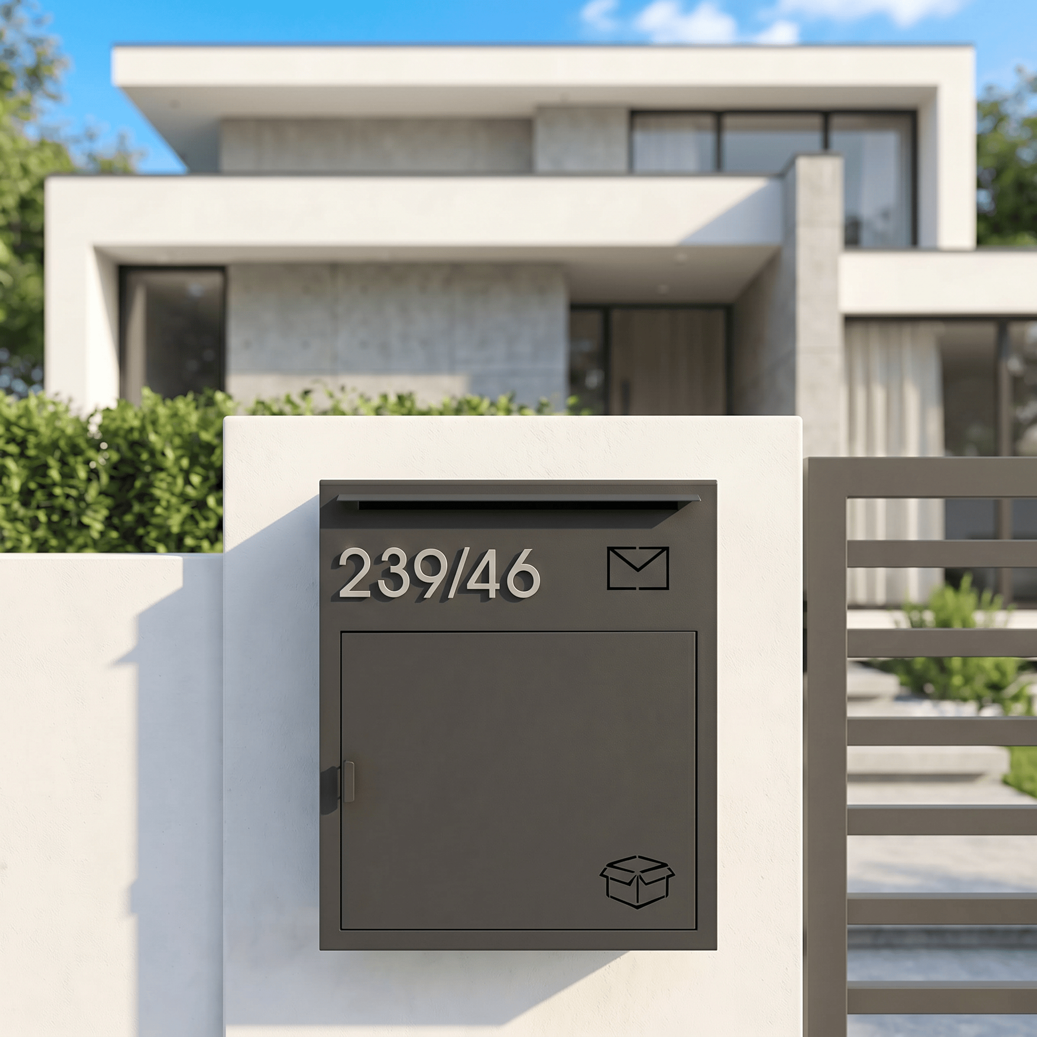ตู้พัสดุเล็ก Drop Box Mini 3 เทาเข้ม ทรงจัตุรัส icon Mailbox + Parcel เลขบ้าน 239/46 หน้าบ้าน Modern — บ้านเลขที่ 7