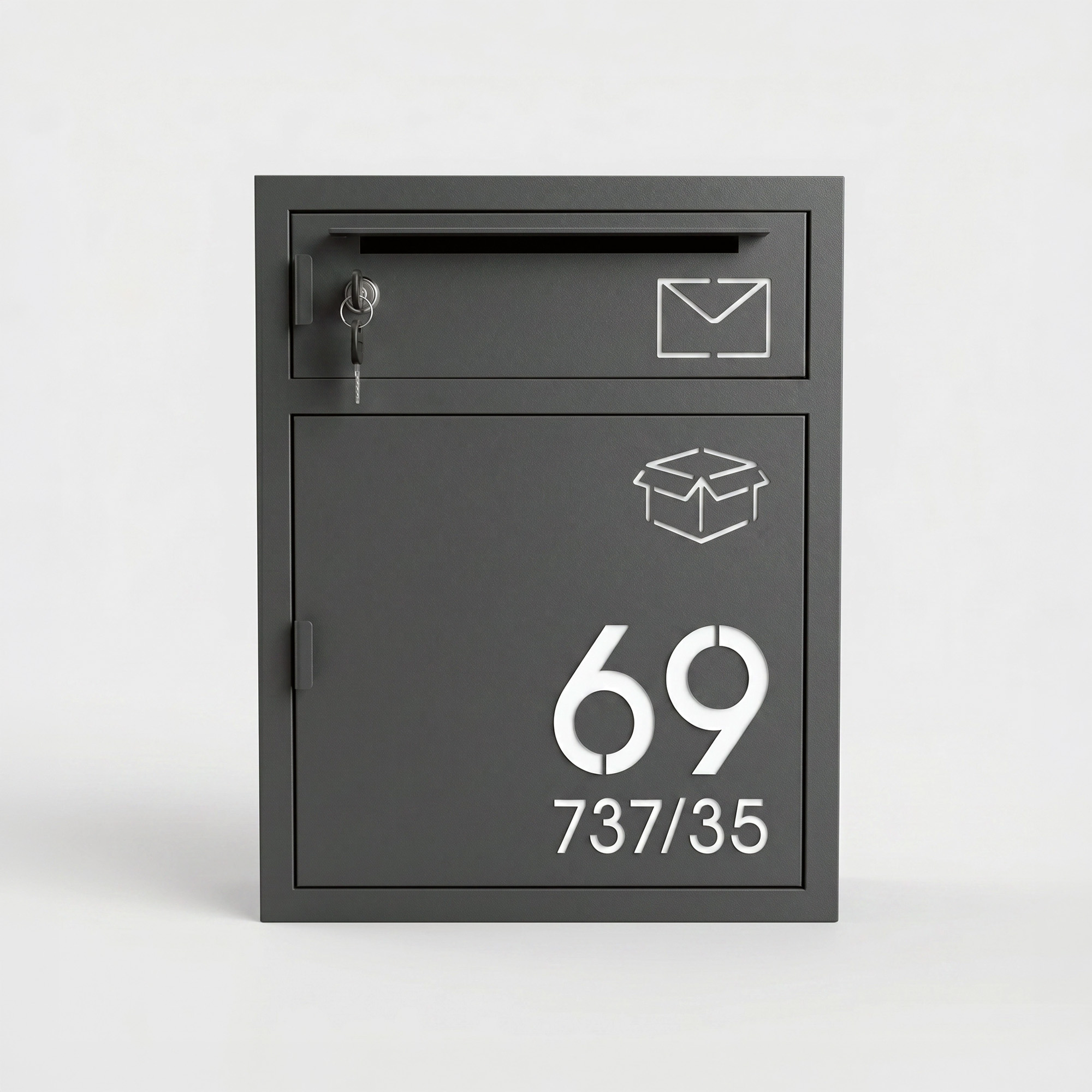 ตู้พัสดุเล็ก Drop Box Mini 5 ดำเข้ม 2 ช่องแยก Locker คู่ Mail+Parcel เลขบ้าน 69 (737/35) — บ้านเลขที่ 7