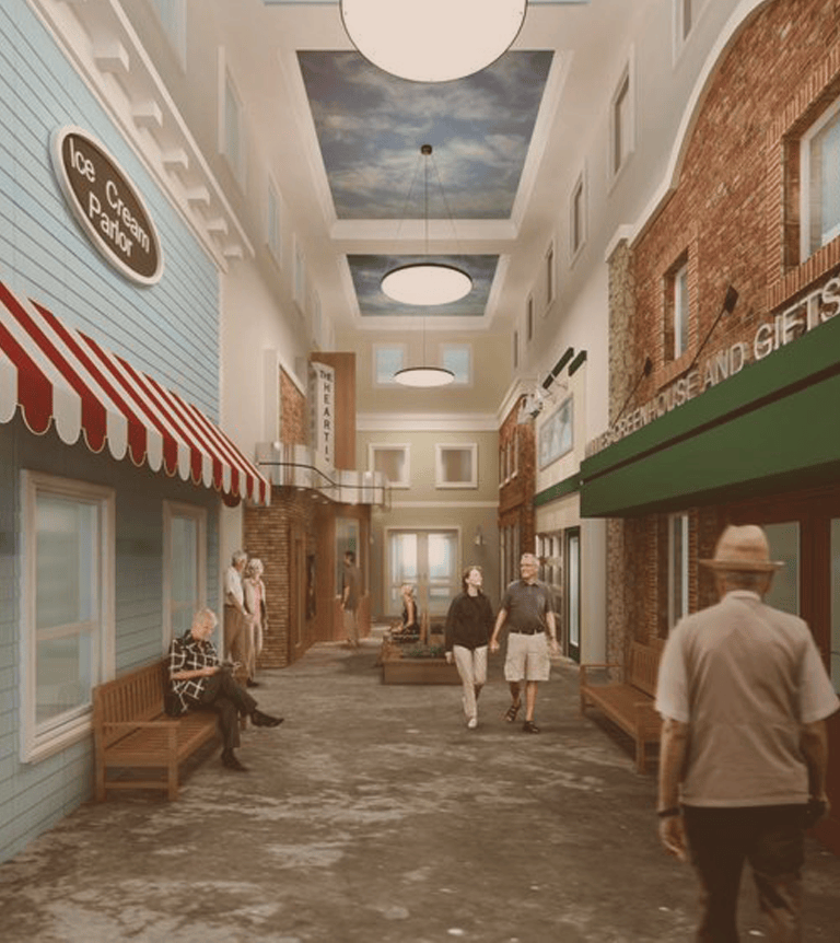 Rendering of an indoor streetscape with storefronts
