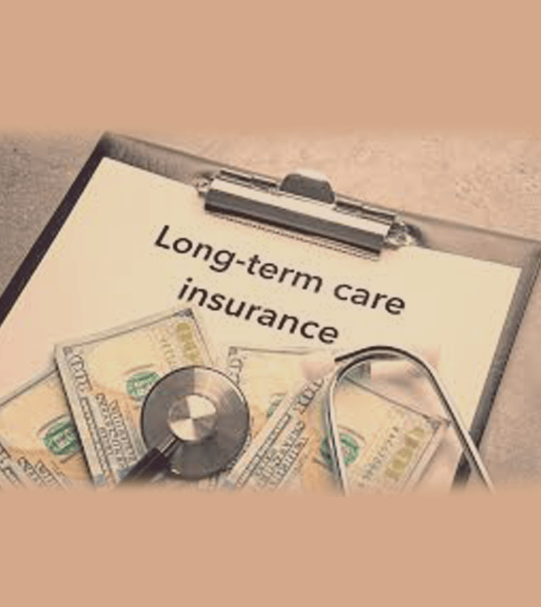 Long-term care insurance paperwork with money and a magnifying glass