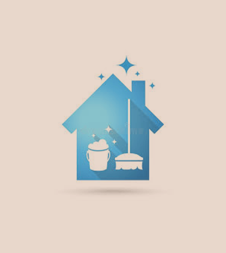 House-shaped cleaning illustration with a mop and bucket