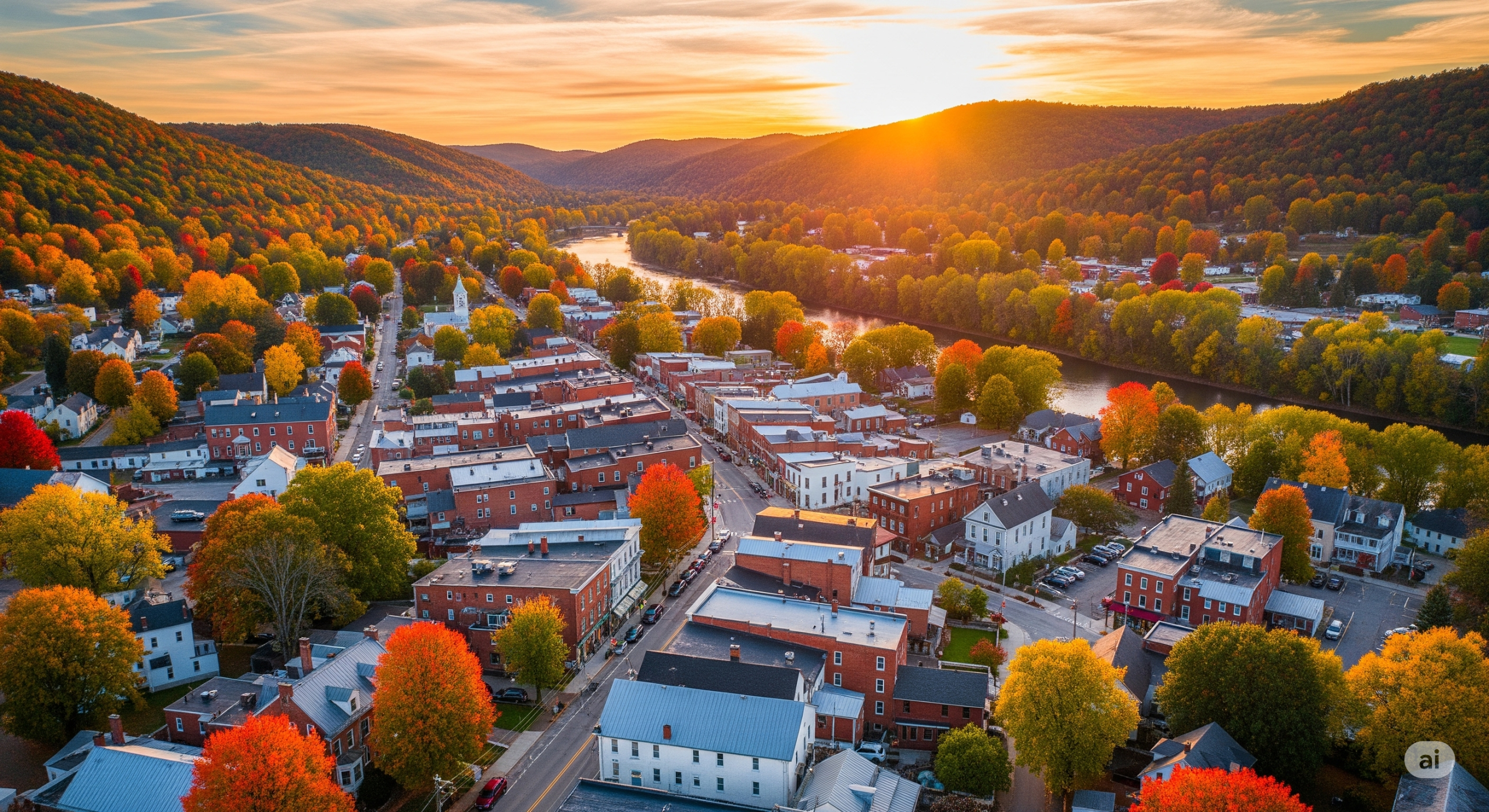 Aerial view of a small residential community located in a valley at sunset.
