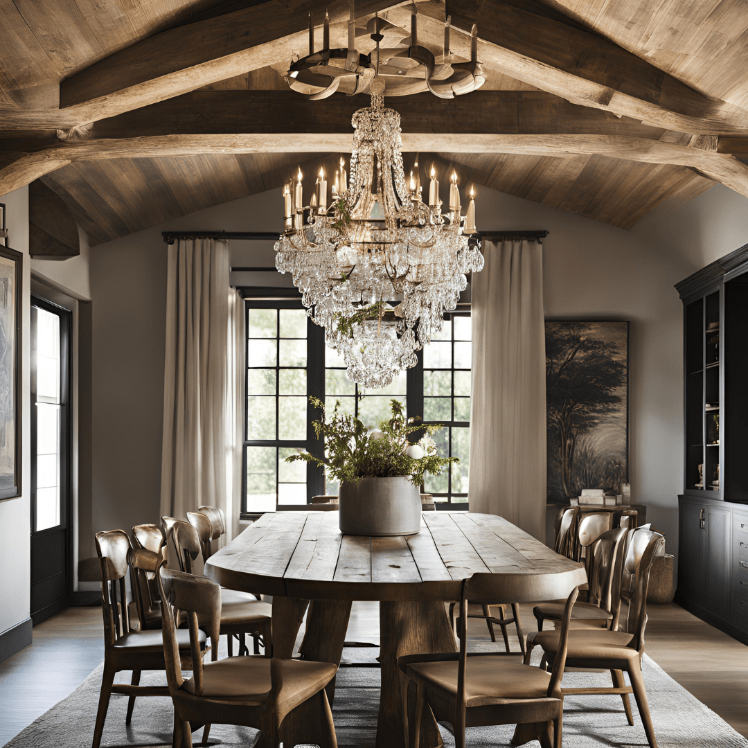rustic dining room with chandelier