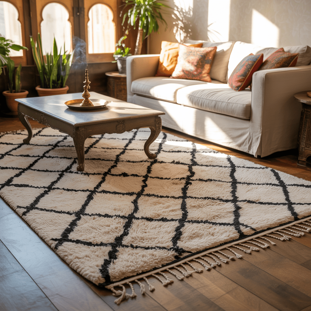 a cozy living room centered around a plush Moroccan rug