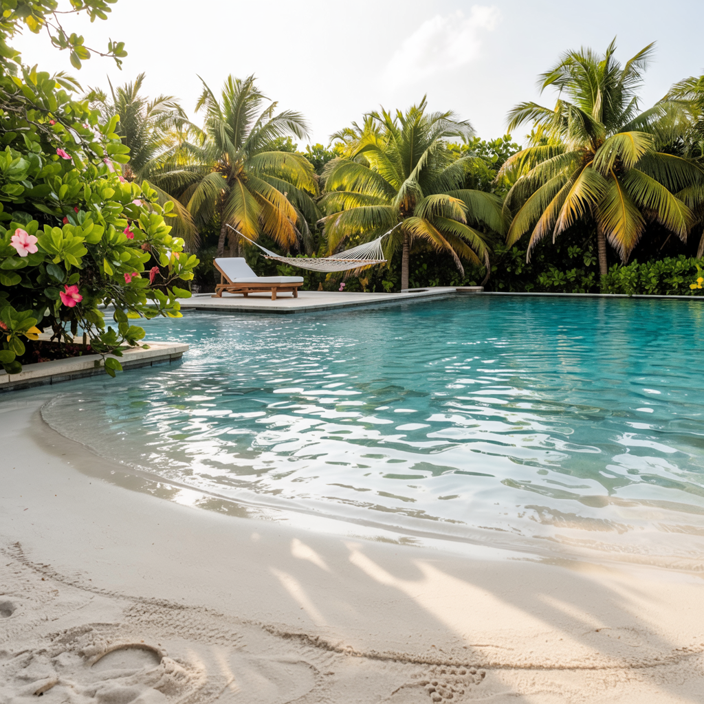 serene beach entry pool, emphasizing the gradual transition from soft, white sand to crystalline turquoise water.