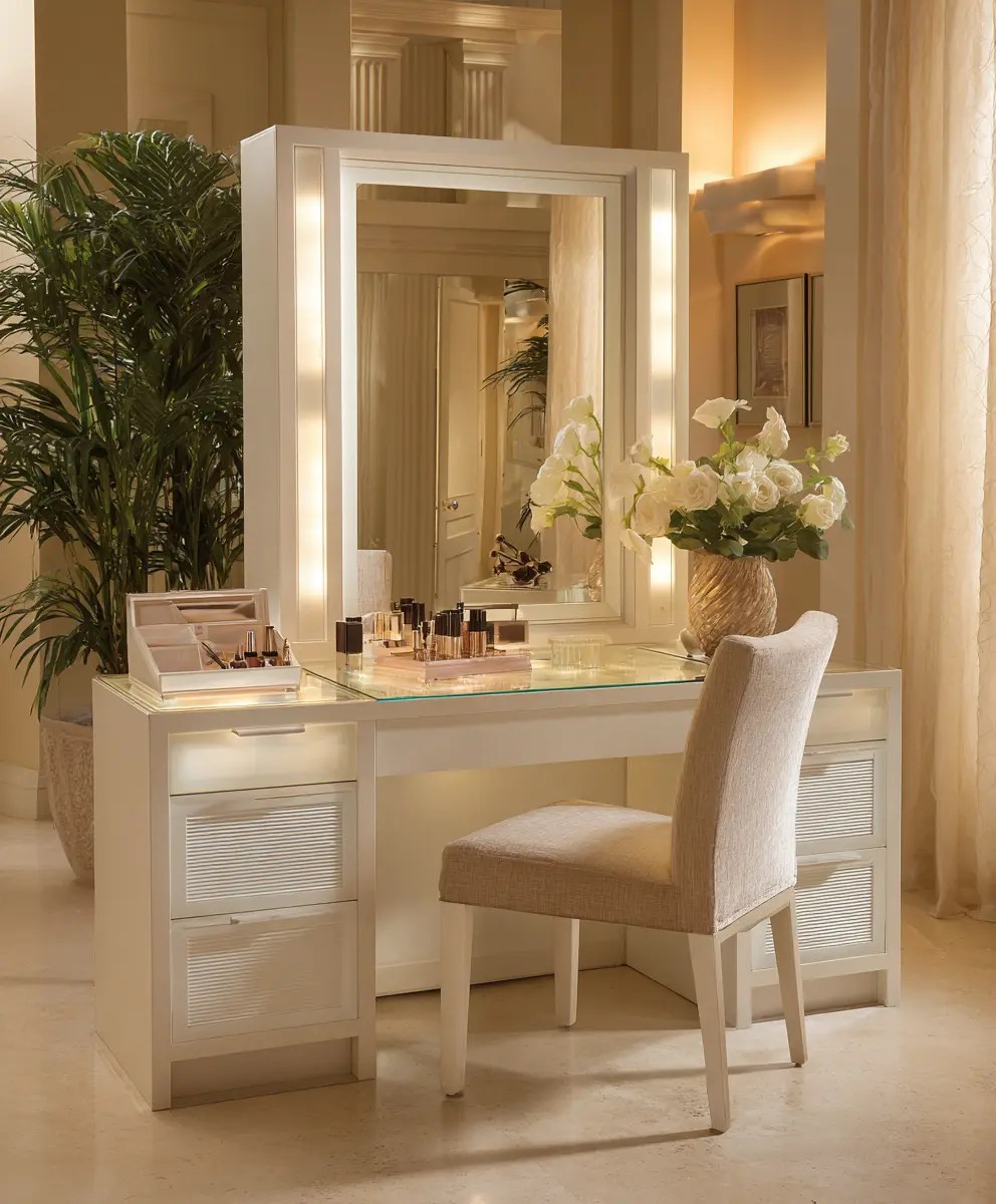 A modern white bedroom makeup vanity with a mirror framed by integrated lights