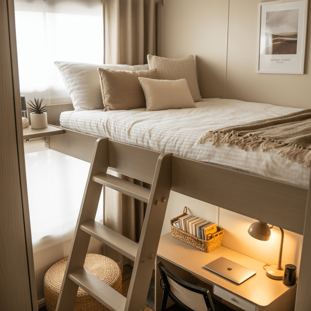 a stylish lofted bed setup with cozy reading nook underneath