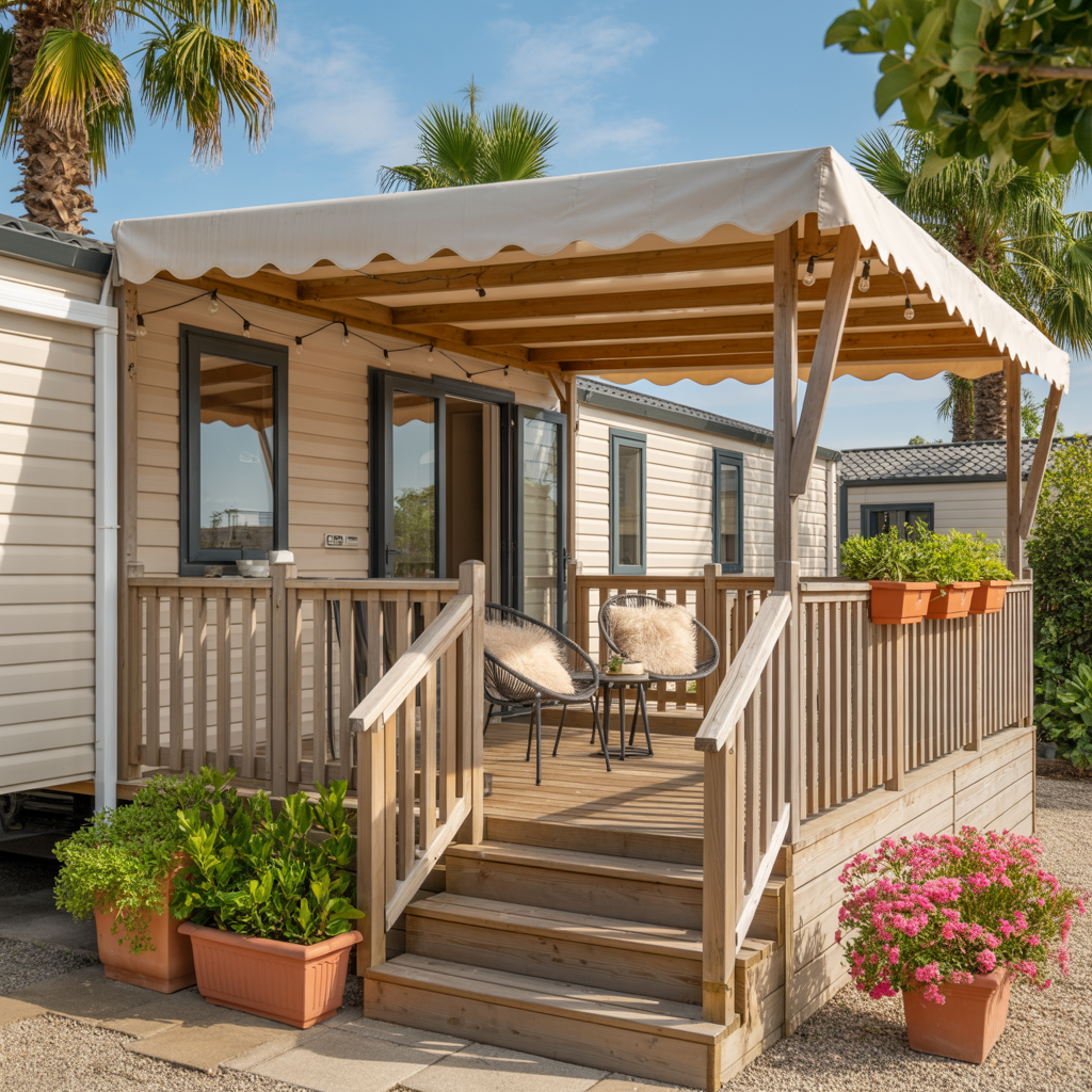 mobile home with a welcoming covered wooden deck