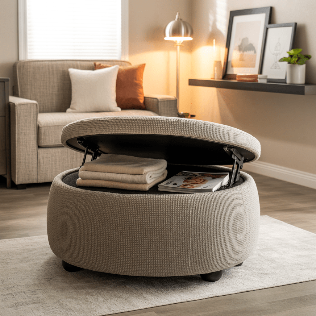 a cozy mobile home living room featuring a stylish multi-purpose ottoman positioned in front of a small, modern sofa