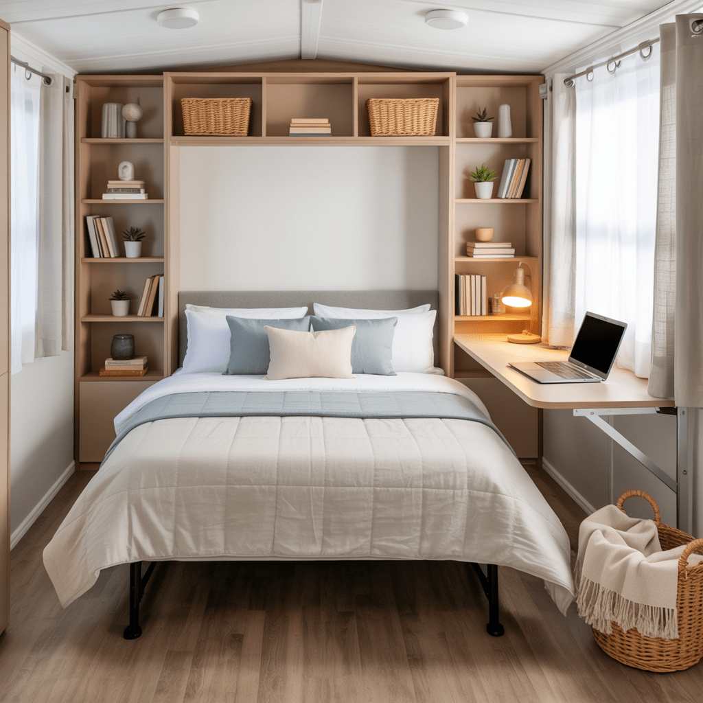 a Murphy bed in the down position within a bright, multifunctional living space that doubles as a bedroom