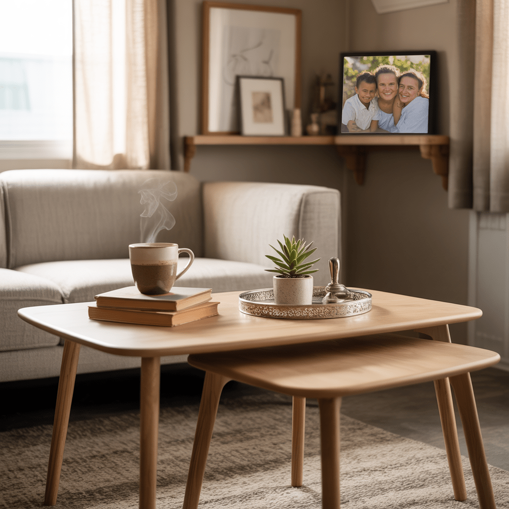 a set of modern nesting tables placed in front of a compact, upholstered sofa
